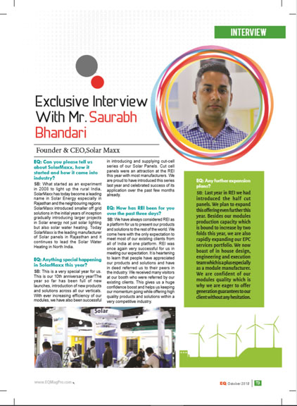 SolarMaxx press coverage: EQ Oct 2018 Interview Saurabh Bhandari Rajasthan Solar Power