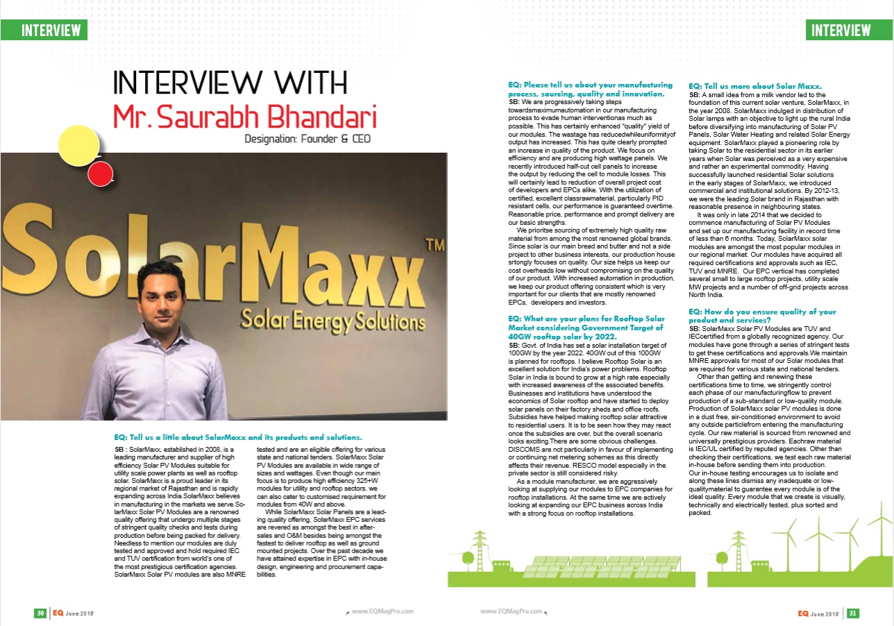 SolarMaxx press coverage: EQ International Solar Manufacturer Interview Saurabh Bhandari