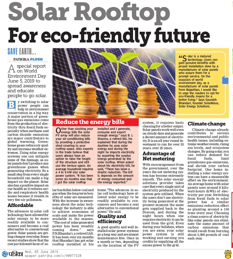 SolarMaxx press coverage: Solar Rooftop SolarMaxx Patrika Plush Environment Day 2019