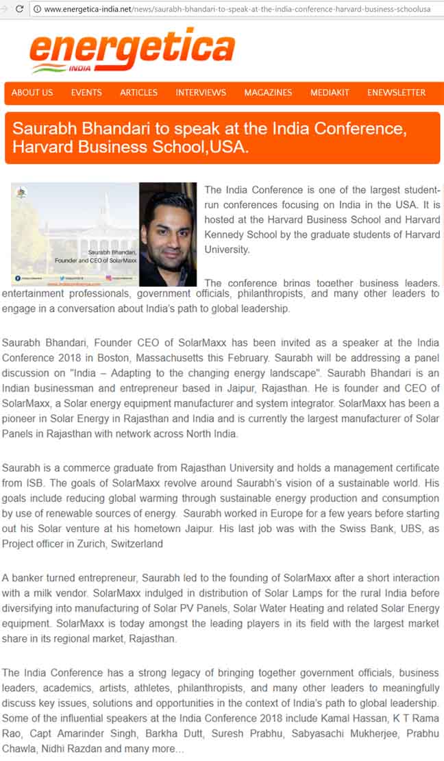 SolarMaxx press coverage: Energetican News Solar Rajasthan