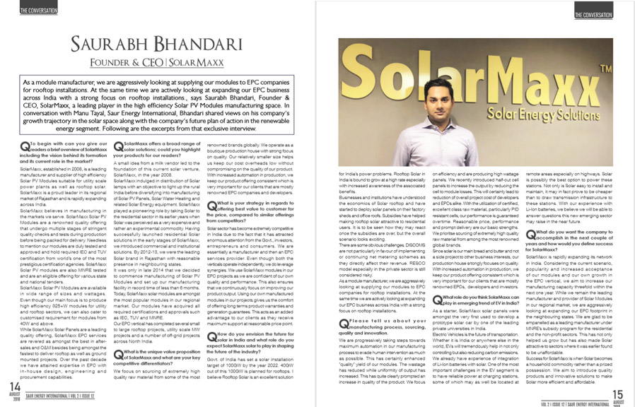 SolarMaxx press coverage: Saur Energy International SolarMaxx Saurabh Bhandari Invetvi