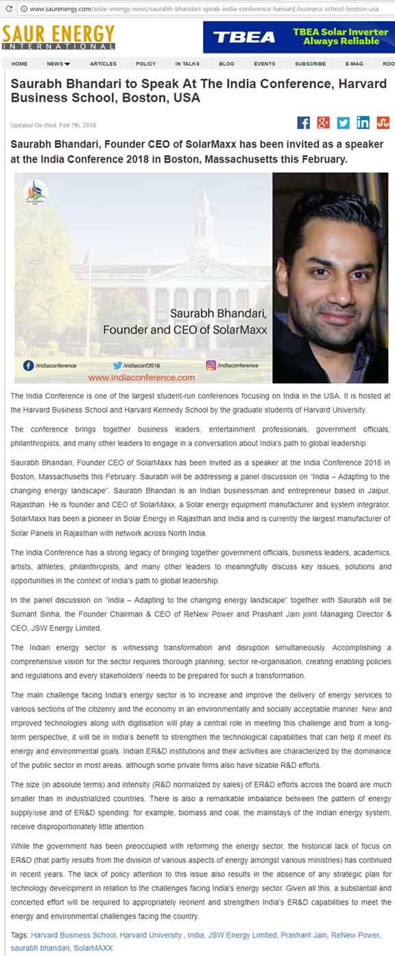 SolarMaxx press coverage: Saur Energy News SolarMaxx