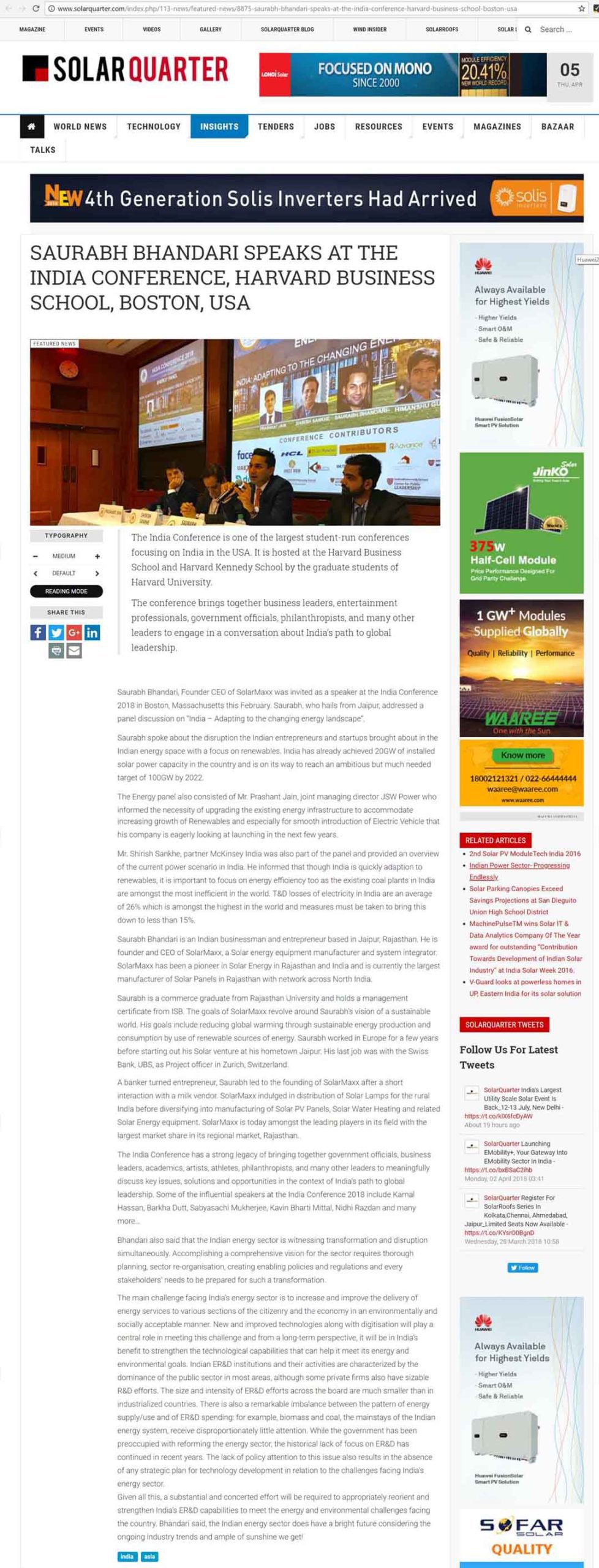 SolarMaxx press coverage: Solar Quarter News Solar Maxx Jaipur Rajasthan India