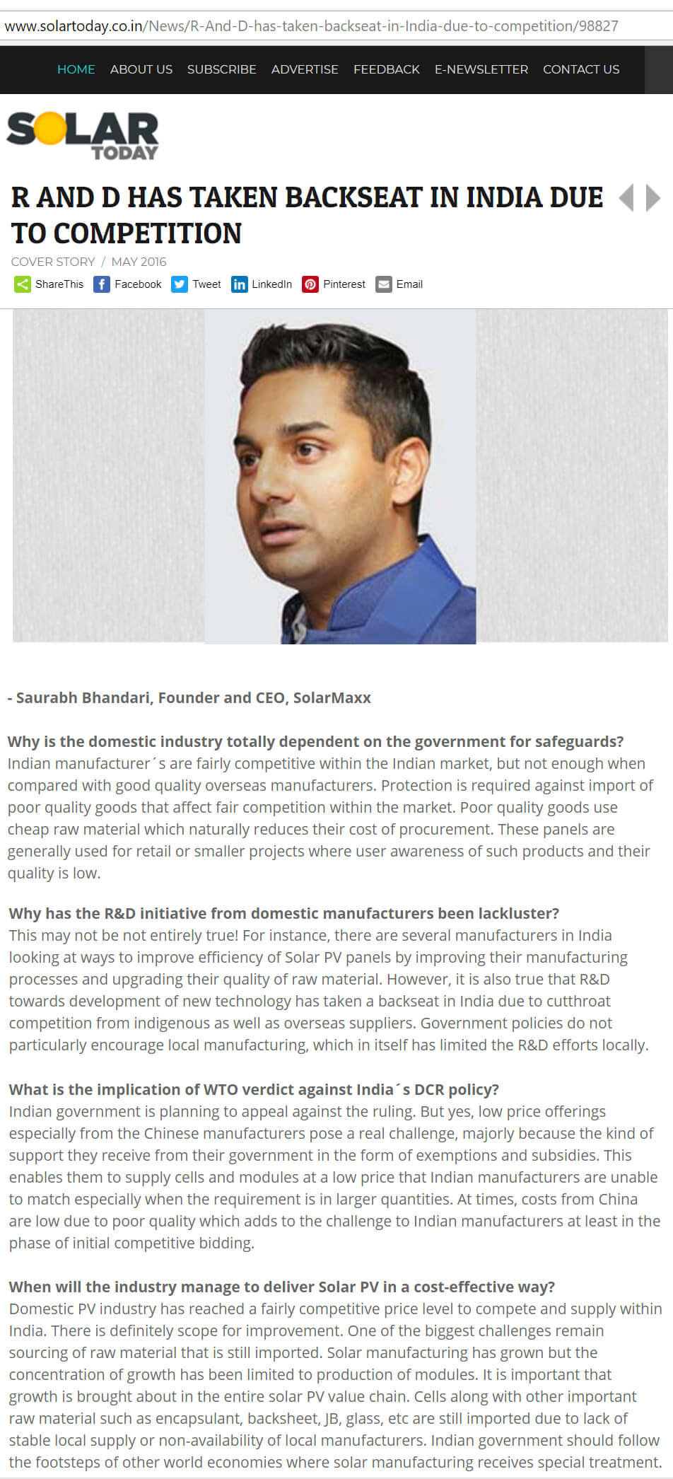 SolarMaxx press coverage: Solar Today Research Development India Solar Maxx Saurabh Bh
