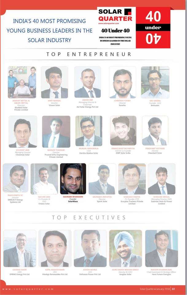 SolarMaxx press coverage: Solar Top Young Entrepreneur India Saurabh Bhandari